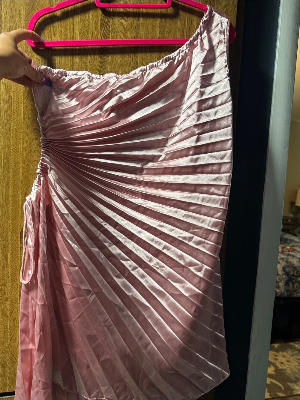 One-Shoulder Pink Pleated Women’s Dress